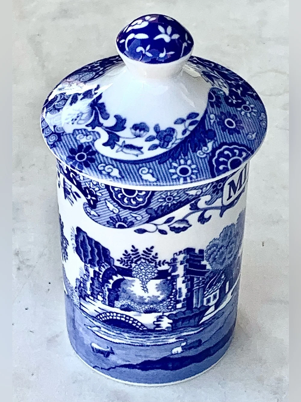 SPODE BLUE ITALIAN  Blue and White 'Mixed Herbs' Ceramic Spice Jar with Lid 4IN